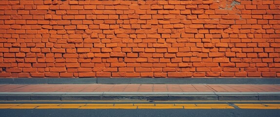 Aufkleber - Textured orange brick wall with sidewalk and double yellow lines for urban background design Copy Space