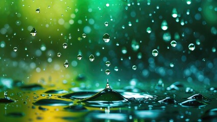 Poster - Close-up of water droplets on a surface with gradients of green and yellow blurred background Copy Space
