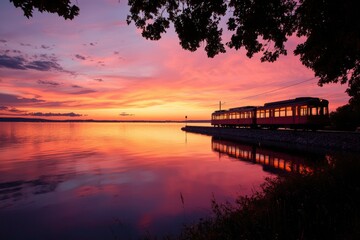 Wall Mural - Train ride at sunset by the lake reflecting purple, red, and orange. For travel