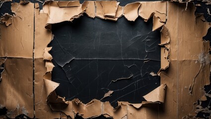 Aufkleber - Torn cardboard frame with black background and textured edges creating a vintage look and ample copy space for text placement