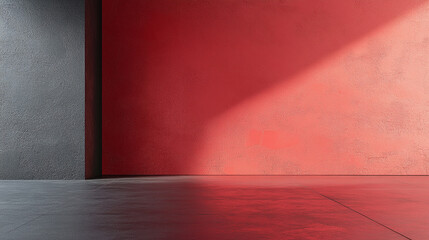 Sticker - Abstract interior featuring a textured gray wall next to a red wall illuminated by sunlight, creating a stark contrast and modern aesthetic.