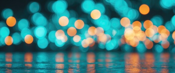 Leinwandbilder - Abstract blurred background with colored bokeh lights in blue and orange hues reflecting on a wet surface with Copy Space