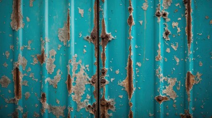 Poster - Rusty blue metal surface with peeling paint and corrosion texture, industrial background with distressed details, Copy Space.