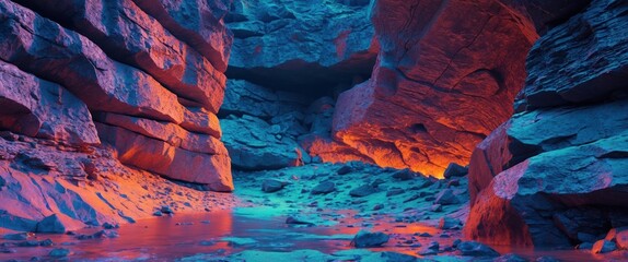 Aufkleber - Vibrant illuminated canyon with multicolored rock formations and reflections in a tranquil riverbed landscape Copy Space