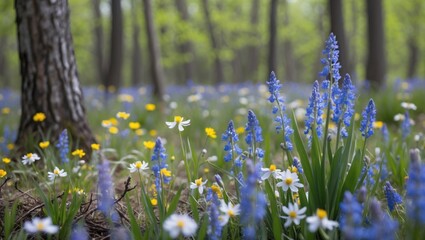 Poster - Colorful wildflower meadow with blue and yellow blooms surrounded by trees in a lush green forest Copy Space