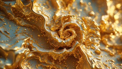 Poster - Close-up of swirling golden liquid with textured patterns and shimmering highlights against a soft blue background with Copy Space