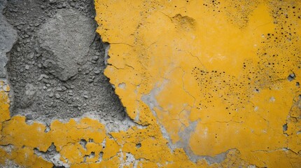 Aufkleber - Textured concrete wall with peeling yellow paint and exposed gray patches suitable for background design and artistic projects Copy Space