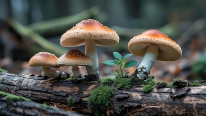 Poster - Mushrooms growing on log in forest with green foliage and soft lighting creating a natural woodland atmosphere Copy Space