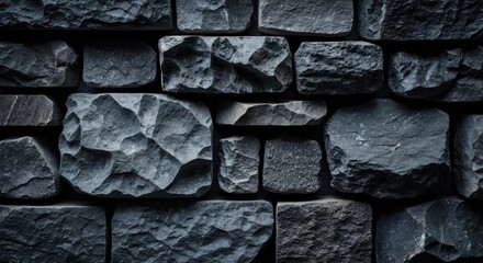 Aufkleber - Dark textured stone wall with uneven surface and various sizes of rocks arranged closely together, suitable for backgrounds and designs. Copy Space