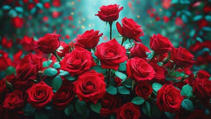 Aufkleber - Vibrant display of red roses with lush green leaves blurred background soft lighting decorative floral arrangement Copy Space
