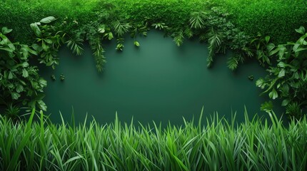Poster - Green foliage border with lush grass and dark background suitable for text placement Copy Space