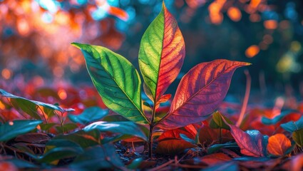 Poster - Close-up of vibrant green and red leaves on the forest floor with blurred nature background and rich autumn colors Copy Space