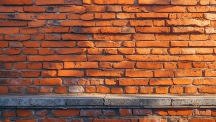 Aufkleber - Textured orange brick wall with gray stone ledge and uneven surface for architectural background Copy Space