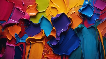 Poster - Colorful abstract paint texture background with vibrant hues of pink, blue, yellow, and green and textured, layered paint. Copy Space