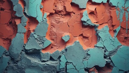 Poster - Textured wall surface with peeling paint in shades of orange and blue, ideal for background use, Copy Space available.