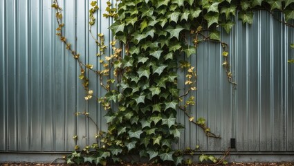Aufkleber - Ivy plant climbing on a corrugated metal wall with leaves in various shades of green and yellow against a textured background with copy space