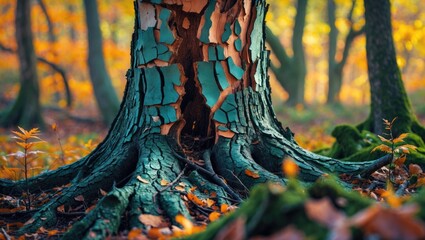 Poster - Close-up of an old tree trunk with peeling bark in an autumn forest setting, colorful leaves on the ground, natural light filtering through trees, Copy Space