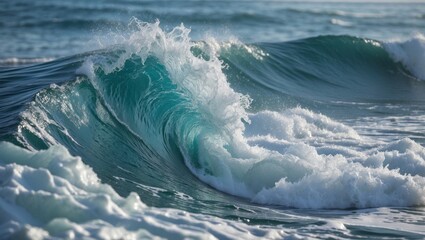 Aufkleber - Ocean wave breaking on shore with white foam and turquoise water, natural seascape with glistening surface, Copy Space
