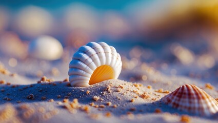 Poster - Close-up view of scallop shell on sandy beach with soft focus background of ocean and other shells Copy Space