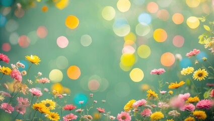Poster - Colorful floral background with soft bokeh effect and vibrant flowers in various colors copy space
