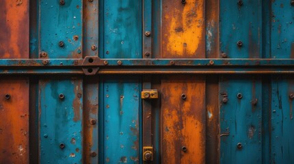 Poster - Rusty metal surface with blue and orange paint peeling, industrial texture, distressed background with bolts, Copy Space