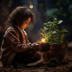 a child holding a plant in a pot, learning about the environment on world environment day.