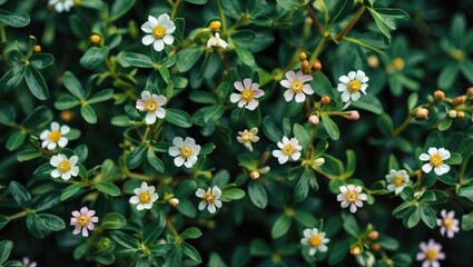 Poster - Delicate white flowers with yellow centers blooming among lush green foliage in natural garden setting Copy Space