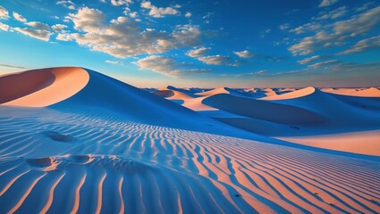 Aufkleber - Desert sand dunes with blue sky and clouds at sunset showcasing textured patterns and warm light Copy Space