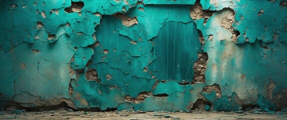 Aufkleber - Peeling teal paint on cracked wall with exposed texture and rough surface details suitable for background use