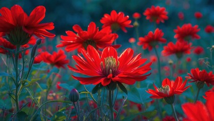 Poster - Vibrant red flowers in a lush garden setting with soft focus background and natural lighting, ideal for botanical themes and design Copy Space