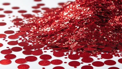 Leinwandbilder - Red glitter sequins scattered on white background with a pile in center and various sizes creating texture and depth. Copy Space.