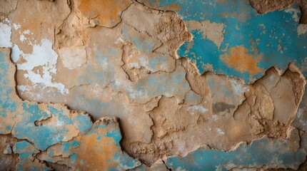 Aufkleber - Textured peeling paint on an old wall displaying cracks and layers of blue and orange hues with rustic surface details Copy Space