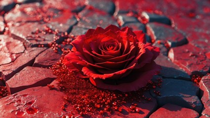 Poster - Red rose on cracked red surface with droplets, detailed close-up, high contrast, artistic floral composition, Copy Space.