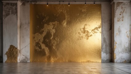 Aufkleber - Abstract gold wall installation in industrial room with textured concrete and spotlighting showcasing artistic interior design elements. Copy Space