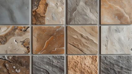 Aufkleber - Textured stone tile background in various shades of gray, beige, and orange arranged in a grid pattern with copy space.