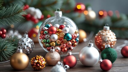 Aufkleber - Colorful Christmas ornaments and decorations with a pine branch and blurred festive lights in the background Copy Space