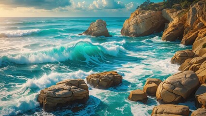 Aufkleber - Coastal landscape with powerful waves crashing against rocks under a cloudy sky at sunset, provides serene natural beauty and Copy Space.
