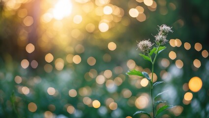 Poster - Single flowering plant in focus with blurred background of bokeh lights and sunlight shining through foliage in nature setting