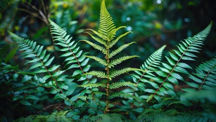 Poster - Lush green ferns with intricate leaf patterns in a vibrant natural setting with blurred background and copy space for text