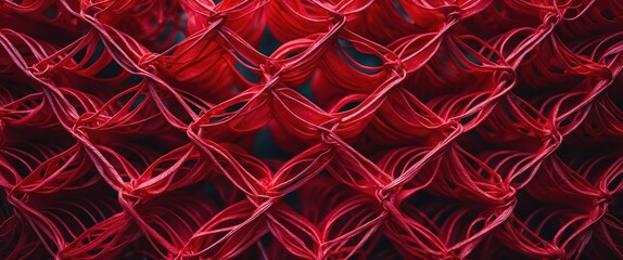 Poster - Red geometric pattern made of interconnected loops and rings with a textured background ideal for abstract design or textile concepts Copy Space