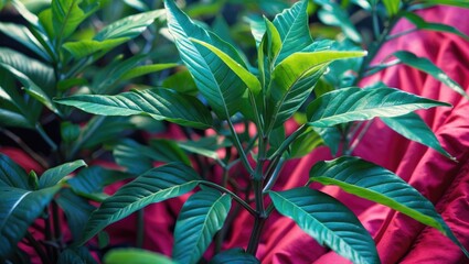 Aufkleber - Green tropical plant leaves on a red fabric background with natural lighting and clear details Copy Space