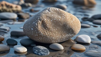 Leinwandbilder - Textured stone with white speckles resting on wet pebbles by the water's edge in natural light Copy Space