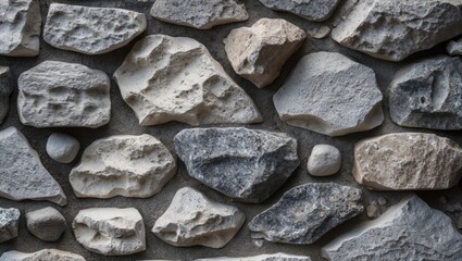 Aufkleber - Wall made of irregularly shaped stones in various shades of gray and beige with textured surfaces and visible mortar joints. Copy Space