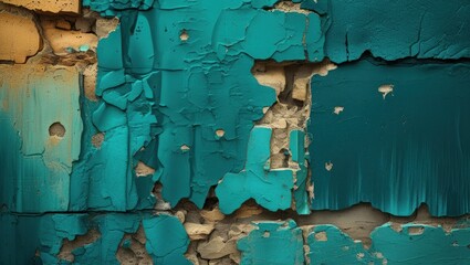 Poster - Aged weathered wall with peeling turquoise paint and textured surface, showing layers and cracks, ideal for backgrounds or abstract designs. Copy Space