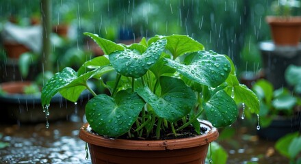Poster - Indoor potted plant with large green leaves covered in water droplets during rainfall in a garden setting with blurred background