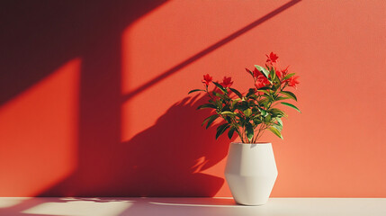 Sticker - A vibrant red wall casts dramatic shadows, framing a potted plant with delicate red flowers in a minimalist, contemporary setting.