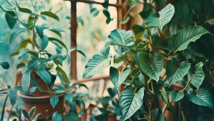 Poster - Green indoor plants with lush leaves near a window creating a natural light effect in a home environment Copy Space