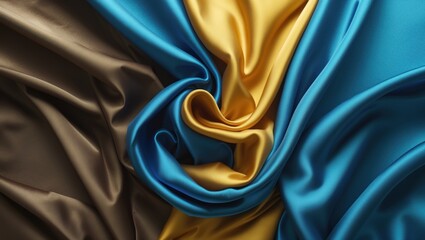 Aufkleber - Silky fabric texture with blue, yellow, and brown colors intertwined creating a rich pattern ideal for backgrounds and designs. Copy Space