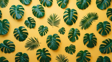 Poster - Tropical green leaves arranged on a bright yellow background with ample copy space for text insertion