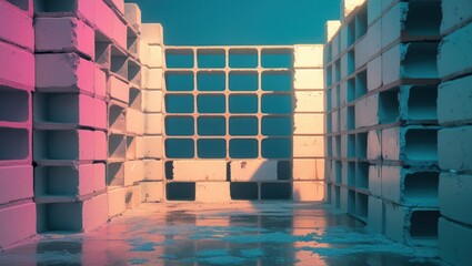 Leinwandbilder - Colorful abstract composition of concrete blocks in a construction setting with light reflections and vibrant tone contrasts Copy Space